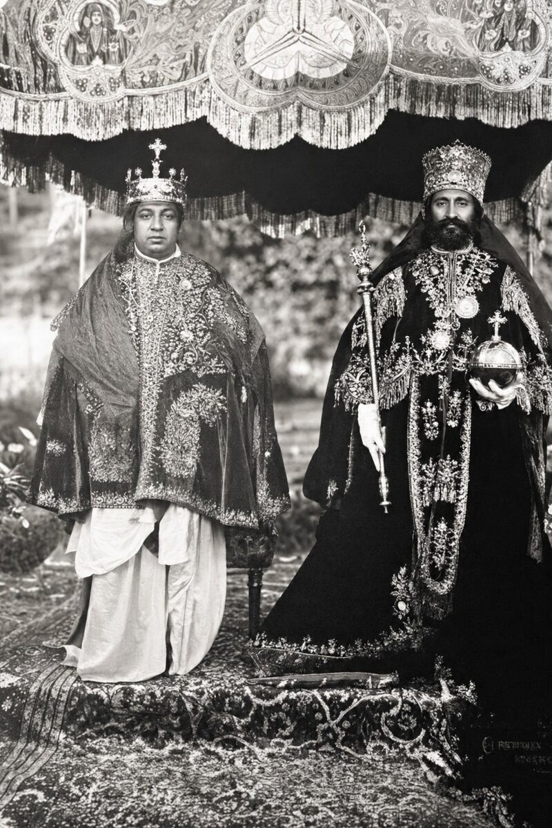 Empress Menen and Emperor Haile Selassie I in full coronation regalia beneath the imperial canopy, 1930