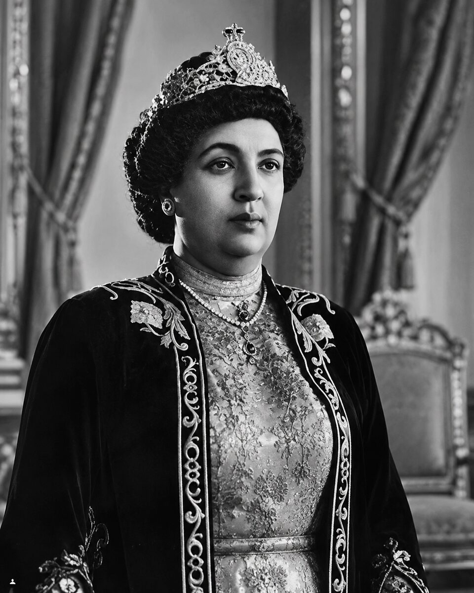 Formal portrait of Empress Menen in embroidered velvet cape and tiara