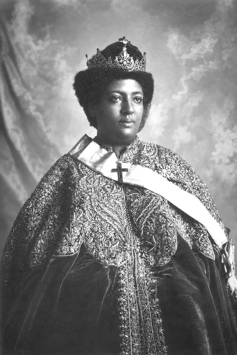 Empress Menen in coronation regalia with crown and cross