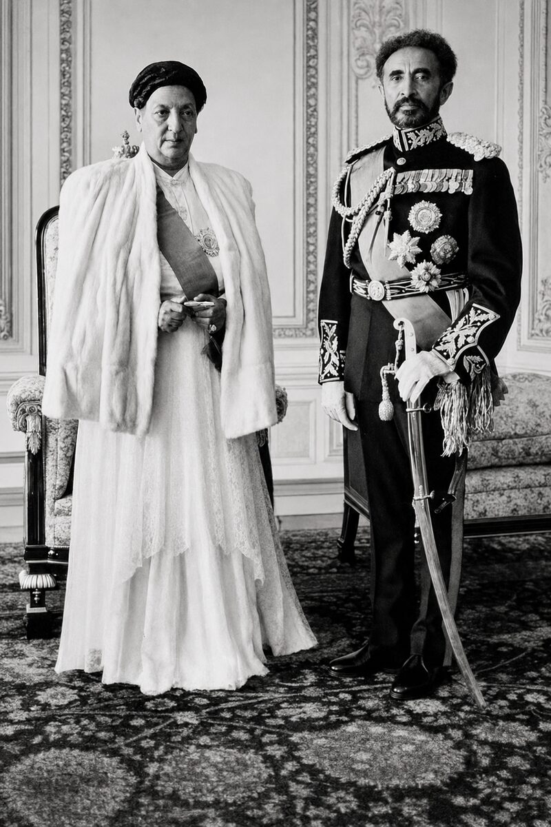 Emperor Haile Selassie I and Empress Menen standing together in the palace